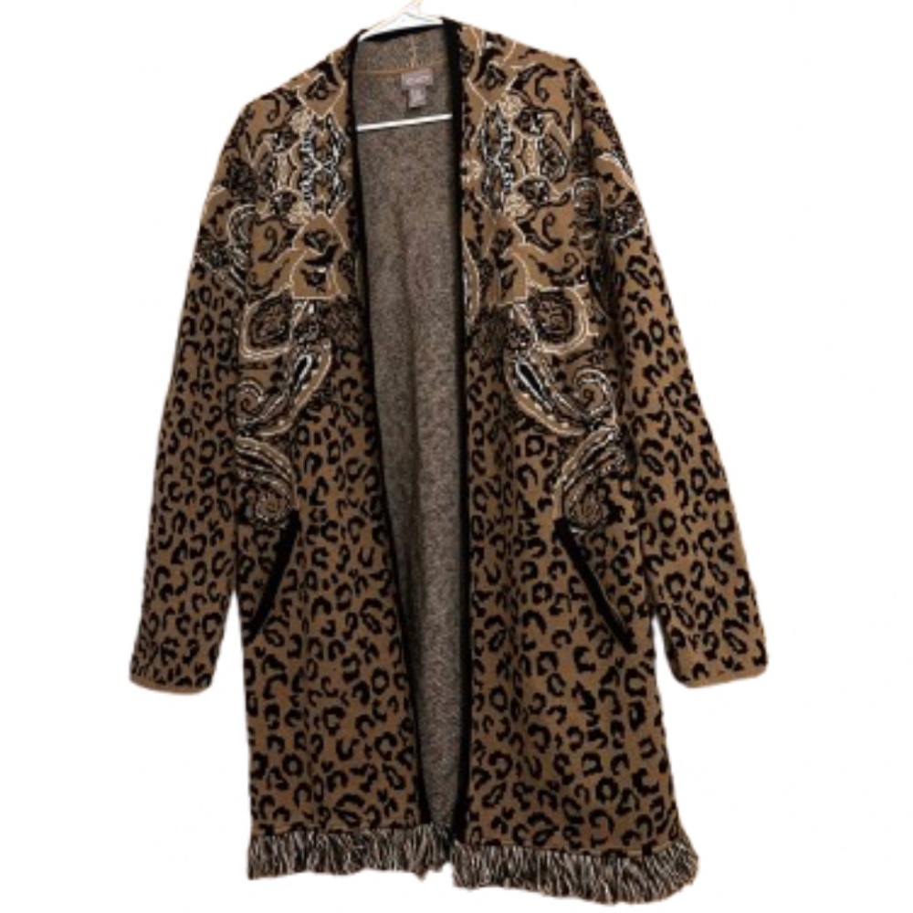 Chico’s Women’s Tan Multi Animal Print Open Front Cardigan with Fringe Hem Sz-S
